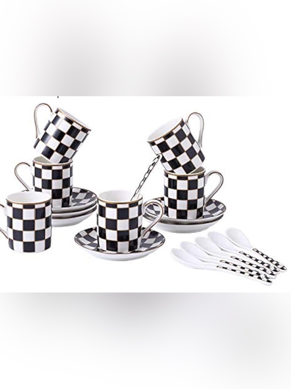 Prolien Checker 3-ounce Espresso Cups and Saucers Set of 6, Demitasse Cups Set